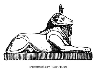Crouching Ram Head Sphinx has a head of a ram and the body of a lion, vintage line drawing or engraving illustration.