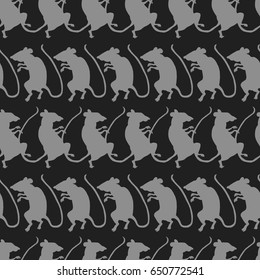 Crouching rats, gray silhouettes on black background. Seamless pattern, vector.