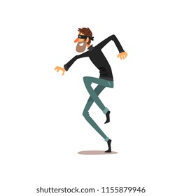Crouching thief in a mask, robber cartoon character committing crime vector Illustration on a white background