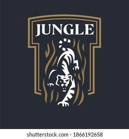 Crouching tiger from the bushes. Jungle, thickets. Stylized vector illustration.