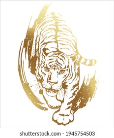 Crouching tiger hunting. Gold outline with brush strokes and grunge texture on a white background.