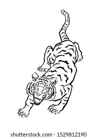 Crouching tiger line art tattoo on white background. vector illustration.