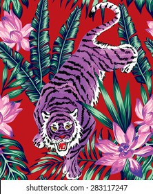 Crouching Tiger, lotus and tropical leaves seamless background