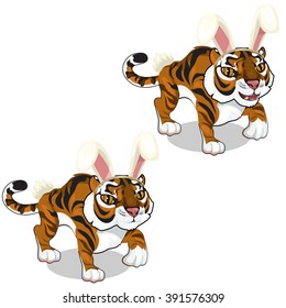 Crouching tiger in a suit defenseless Bunny. Funny animals. Vector illustration.