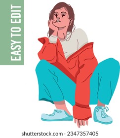 crouching woman with modern long hair in red jacket blue jeans, happy face easy to edit white background, vector art.