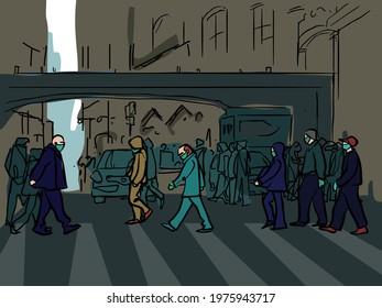 Croud street illustration vector city scape