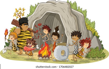 Croup of cartoon cavemen in front of a cave. Stone age people.
