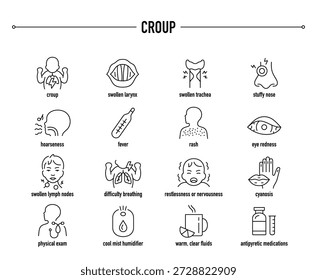 Croup symptoms, diagnostic and treatment vector icon set. Line editable medical icons.