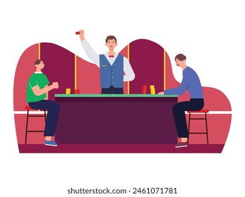 A croupier arranging casino bet games for guests to play. Vector flat illustration. Character design