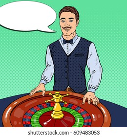 Croupier Behind Roulette Table. Casino Gambling. Pop Art Vector illustration