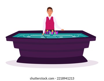Croupier in a casino at a craps table vector illustration. Casino, gaming house flat illustration. People characters. Casino interior decor. Gambling industry. For design casino web sites.