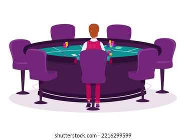 Croupier en un casino en una ilustración vectorial de mesa de póquer. Casino, casa de juegos, ilustración plana. Personajes de la gente. Decoración interior del casino. Industria del juego. Para diseñar sitios web de casino.