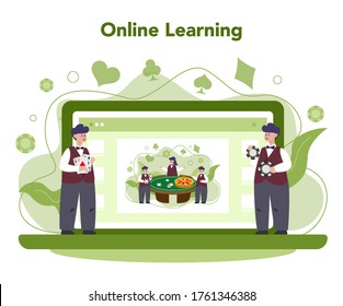 Croupier concept. Dealer in casino near roulette table. Person in uniform behind gambling counter. Casino game business. Online learning. Isolated vector illustration