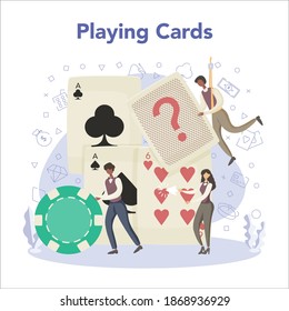 Croupier concept. Person in uniform behind gambling counter. Dealer in casino at cards table. Casino game business. Isolated vector illustration