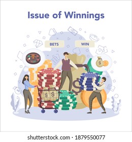 Croupier concept. Person in uniform behind gambling counter. Dealer in casino at roulette or cards table. Casino game business. Isolated vector illustration