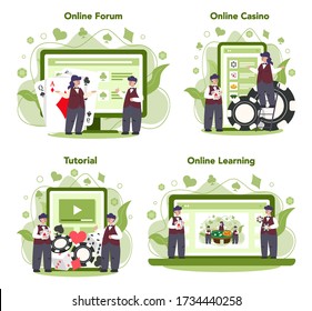 Croupier concept set. Dealer in casino near roulette table. Person in uniform behind gambling counter. Casino game business. Online forum, casino, video tutorial, learning. Vector illustration