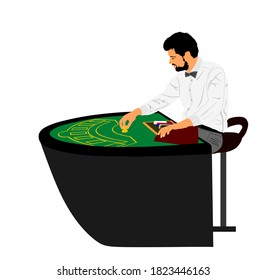 Croupier In Gaming Casino Vector Illustration Isolated On White Background. Dealer With Chips Waiting Players For Black Jack Game.