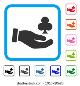 Croupier Hand icon. Flat grey pictogram symbol in a blue rounded rectangular frame. Black, grey, green, blue, red, pink color variants of croupier hand vector.
