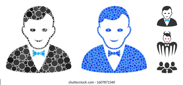 Croupier manager composition of filled circles in various sizes and color hues, based on croupier manager icon. Vector filled circles are combined into blue collage.