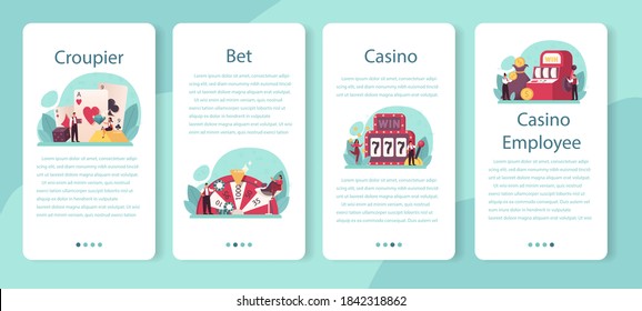 Croupier mobile application banner set. Dealer in casino near roulette table. Person in uniform behind gambling counter. Casino game business. Isolated vector illustration