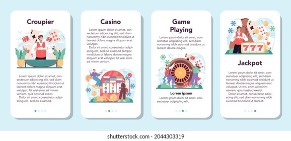 Croupier mobile application banner set. Person in uniform behind a gambling counter. Dealer in casino at roulette or cards table. Casino game business. Isolated vector illustration