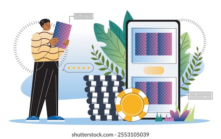 Croupier online service. Man near poker chips and smartphone with cards. Gambling, games for luck and fortune. Internet casino. Flat vector illustration isolated on white background