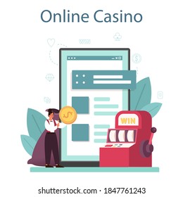 Croupier online service or platform. Dealer in casino near roulette table. Person in uniform behind gambling counter. Online casino. Isolated vector illustration
