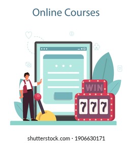 Croupier online service or platform. Dealer in casino near roulette table. Person in uniform behind gambling counter. Online course. Isolated vector illustration
