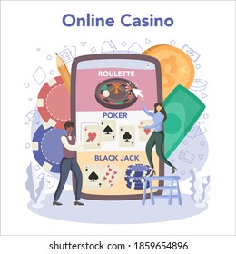 Croupier online service or platform. Person in uniform behind gambling counter. Casino game business. Online casino. Isolated vector illustration