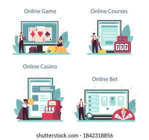 Croupier online service or platform set. Dealer in casino near roulette table. Person in uniform behind gambling counter. Online game, bet, course, casino. Isolated vector illustration