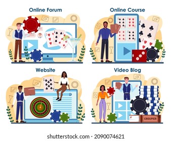 Croupier online service or platform set. Person in uniform behind a gambling counter. Dealer in casino at roulette or cards table. Online forum, course, video blog, website. Flat vector illustration