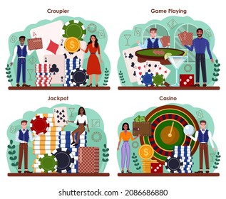 Croupier set. Person in uniform behind a gambling counter. Dealer in casino at roulette or cards table. Casino game business. Isolated vector illustration