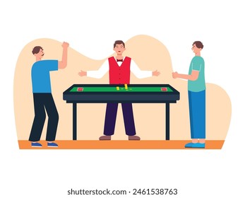 Croupier starts the game with coins and cards for the standing male players. Character design. Vector flat illustration