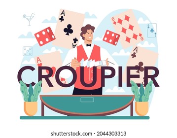 Croupier typographic header. Person in uniform behind a gambling counter. Dealer in casino at roulette or cards table. Casino game business. Isolated vector illustration