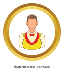 Croupier vector icon in golden circle, cartoon style isolated on white background