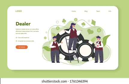 Croupier web banner or landing page. Dealer in casino near roulette table. Person in uniform behind gambling counter. Casino game business. Isolated vector illustration