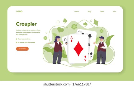 Croupier web banner or landing page. Dealer in casino near roulette table. Person in uniform behind gambling counter. Casino game business. Isolated vector illustration