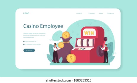 Croupier web banner or landing page. Dealer in casino near roulette table. Person in uniform behind gambling counter. Casino game business. Isolated vector illustration