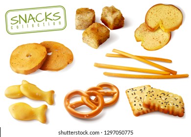 Croutons crackers pretzels biscuits crispy bread sticks realistic baked snacks appetizing closeup images collection isolated vector illustration