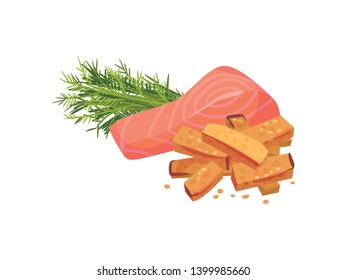 Croutons with red fish and greens. Vector illustration on white background.