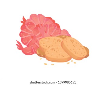 Croutons with shrimp. Vector illustration on white background.