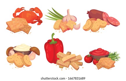 Croutons with Various Flavours Arranged with Products Like Bell Pepper and Garlic Vector Set