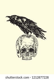 Crow with angry open beak sitting on human skull, hand drawn doodle, sketch outline, vector illustration