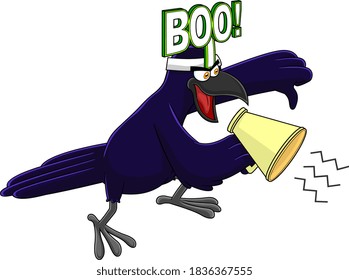 Crow Bird Character Screaming Into Megaphone And Giving Thumbs Down. Vector Illustration Isolated On White Background