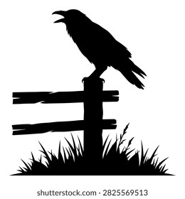 Crow, bird, fence post, cawing, ominous, black silhouette.