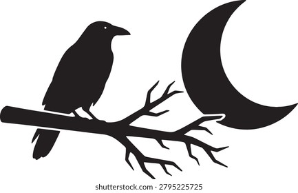 Crow bird sitting on bare wood limb, moon crescent background, wildlife silhouette night landscape.