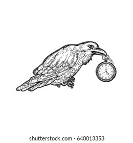 Crow, bird with a vintage, old clock. A unique tattoo. Totem animal, the bird. Symbol. Print on t shirt, cover. The grunge style. Poster. Vector illustration. Art. Coloring for adults. 