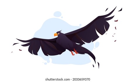 Crow with black wings fly in blue sky. Vector cartoon illustration of flying wild raven, bird with black feathers and orange beak in flight isolated on white background