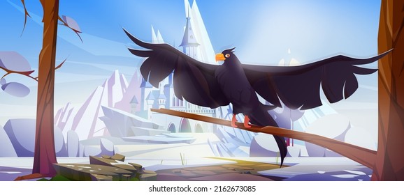 Crow with black wings on background of fantasy medieval castle. Vector cartoon illustration of winter landscape with flying raven, bare trees, snow and old royal chateau