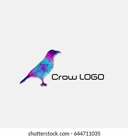 Crow. Bright, colorful Abstraction of a bird - a crow, magpie with geometric figures of triangles on a white background. Colorful emblem for business company. Low poly vector illustration